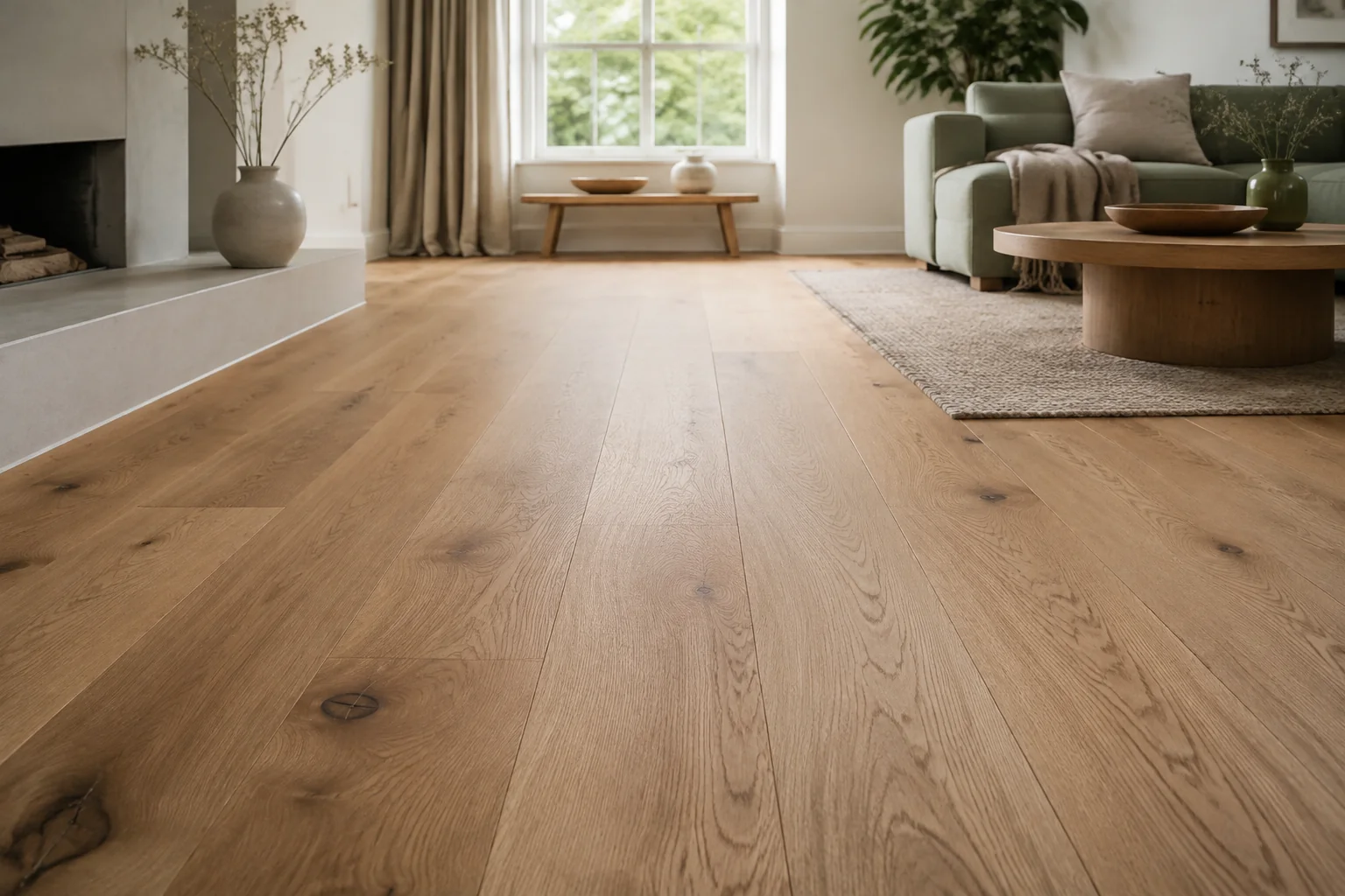 Sfeerbeeld van een lichte woonkamer met een natuurlijke houten plankenvloer