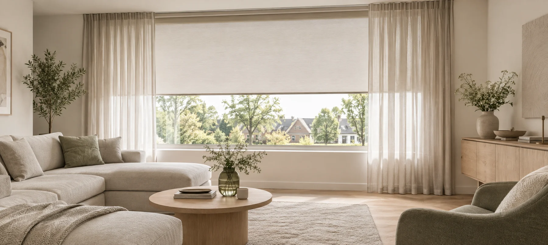 Lichte woonkamer met professioneel gemonteerde gordijnen en een rolgordijn